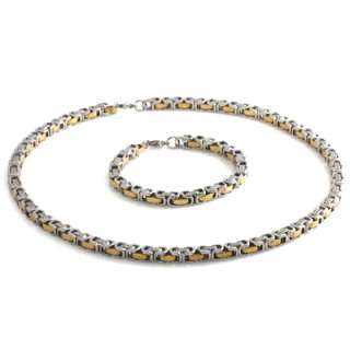   Link Chain Necklace & Bracelet Set w/Engraved Tribal Design  