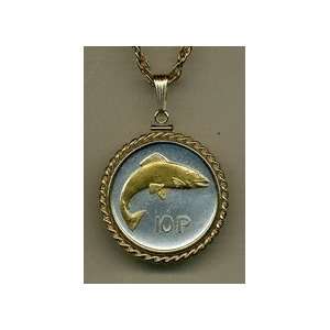 Irish 10 Pence Salmon Two Tone Gold Filled Rope Bezel Coin Pendant 