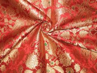 Pure Heavy Silk Brocade Fabric Green,Red & Gold  