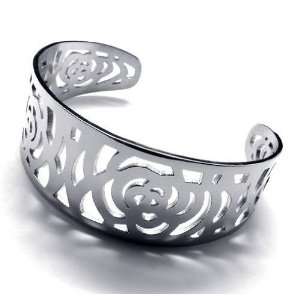  Beautiful Rose Designed Hollow Titanium Silver Bracelet 
