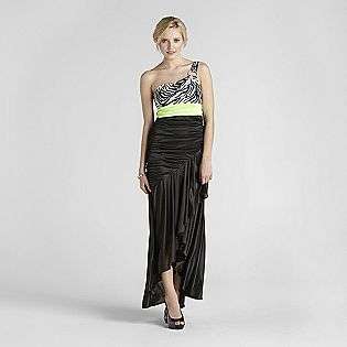 Juniors One Shoulder Lime Green and Zebra Print Gown  City Triangles 