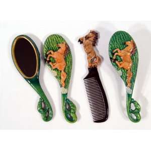  Handpainted Brown Mane Horse Hair Brush Mirror Comb Set 