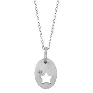   Silver Hand Brushed Diamond Oval Star Cut Out Pendant, 18 Jewelry