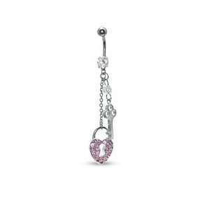  014 Gauge Heart Lock and Key Belly Button Ring with Pink 