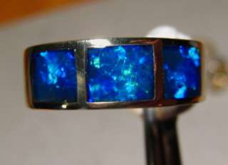 Bright BLUE Gem Grade Inlay OPAL RING Heavy 14k Gold  