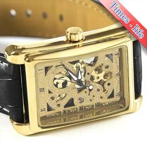 Mens Square Automatic Watch Golden Face Skeleton Gift  