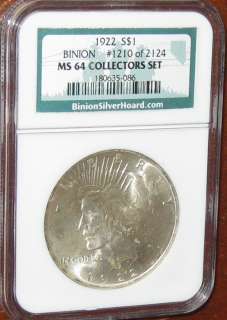 USA 1922 Peace Dollar NGC Graded MS64 Silver Coin Binion Hoard Choice 