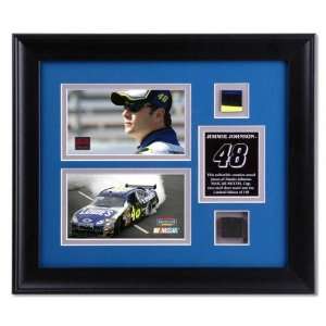 Jimmie Johnson Framed Photographs with Race Used Sheet Metal and Tire 