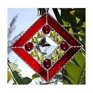  Red Stained Glass Suncatcher with Bevel & Glass Nuggets 