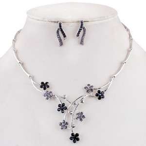 26962 Black Flowers Branch Joint Rhinestone Crystal Prom Necklace 