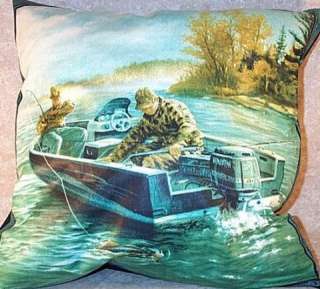 Pillow Fisherman Fish Lake Motorboat Green Blue NEW  