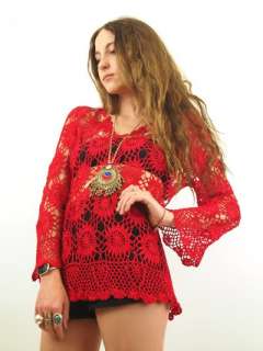 Vtg Red CROCHET Lace Cut Out OP ART Bell Sleeve Fitted Gypsy TUNIC 