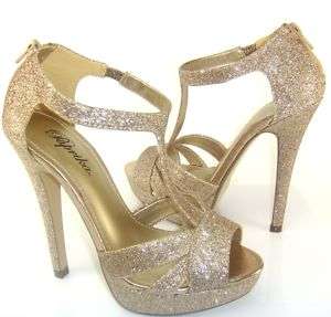 Glitter Gold Platform Stiletto Sandals Open Toe T Strap  