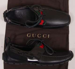 GUCCI SHOES $495 BLACK LOGO GROSGRAIN VAMP TIED DRIVERS 9.5 42.5e NEW 
