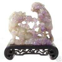 18th Cent Chinese Foo Lion & Parrot Amethyst Sculpture  