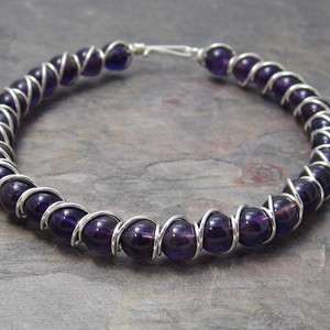 Dark Amethyst Beaded Sterling Silver Wire Wrapped Bracelet  