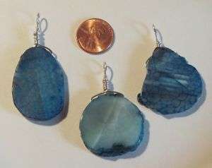   Drilled Blue Agate Slice Pendants w/ Wire Wrapped Bails  USA  