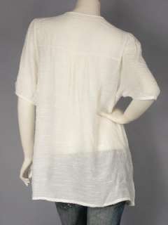 White Three Quarter Sleeve Embroidered Peasant Tunic L  
