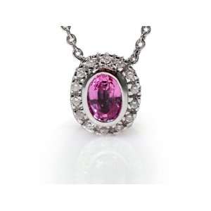 14K White Gold 16 Cable Chain Oval Shape Pink Sapphire Semi Precious 