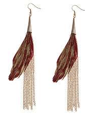 Deep Red (Red) Red and Gold Feather Chain Earrings  256023562  New 
