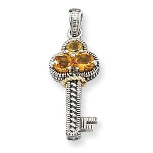  Sterling Silver w/14k Citrine Antiqued Key Charm Jewelry
