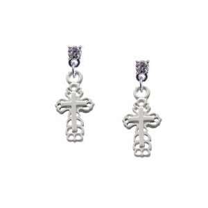 Cross with Lace Border Clear Swarovski Post Charm Earrings 