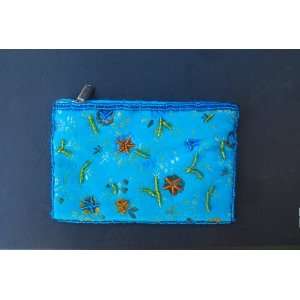   Small Embroidered Flower Brocade Makeup Bags   Blue 
