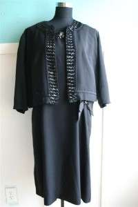 VTG 50s 60s black sequin cocktail dress jacket bow gown party L/XL 