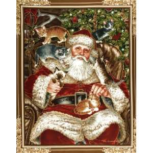  44 Wide Christmas Santa & Cats Panel Fabric By The Yard 