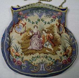 Vintage French tapestry Victorian handbag purse cobalt enamel closure 