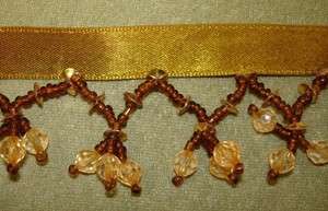   Gold Glass Cluster Beaded SATIN Fabric Embellishment Trim 3YARD  