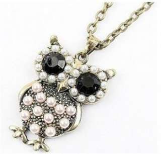 new fashion Vintage style bronze pearl / crystal owl charm necklace 