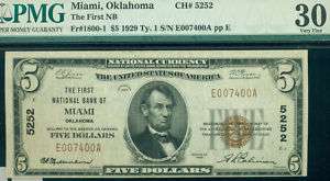FIRST NAT BANK OF MIAMI, OKLAHOMA FIVE DOLLAR NOTE  