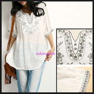 Vtg 70s White Boho FLORAL Embroidered MEXICAN Hippie Top  