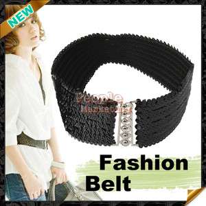 Fashion Paillette Buckle Black Elastic Belt Waistband  