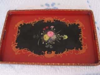 Antique Hand Painted Red Black Gold Made in Japan Floral Wood Tole 