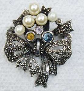 Signed MURRAY CHUVEN Sterling Marcasite & Pearl Brooch  