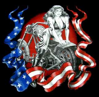 SEXY GIRL ON V TWIN CHOPPER WITH PATRIOTIC FLAG BIKER MOTORCYCLE T 