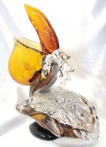   Glass Pelican Bird Amber Brown Silver Open Mouth Figurine LARGE  
