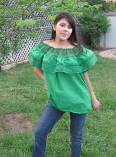 GREEN GYPSY PEASANT BLOUSE LACE MEXICAN ONE SIZE FITS ALL  