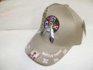 DRUM FEATHERS NATIVE PRIDE KHAKI HAT CAP LAST EMBROIDERED SHADOW 