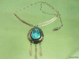 PRE OWNED NAVAJO 925 STERLING SILVER TURQUOISE FEATHER NECKLACE 