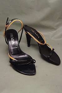 Prada Black Cream Patent Leather 38 6.5 Womens Heels Shoes  