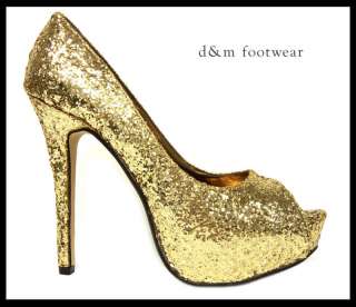 Womens Gold Glitter High Heels Shoes Size 3,4,5,6,7,8  