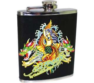 Ed Hardy Mermaid/Dragons Leather Wrapped Flask 7oz    