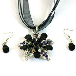   Stylish Voile Flower Gemstone Necklace Pendant Earrings Set Jewelry