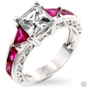 CT Princess Cut Red Ruby CZ Solitare Band Ring  