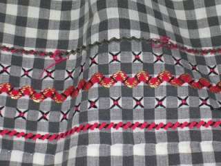 VINTAGE black white CHECK APRON red EMBROIDERED DESIGN long tie 