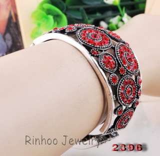 1p Bright Red Full Ringed Flowers Rhinestone Crystal Tibet Silver Cuff 