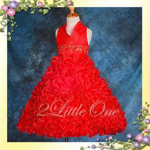 Embossed Flower Girl Halter Dress Wedding Pageant Party Red Size 3T 4T 